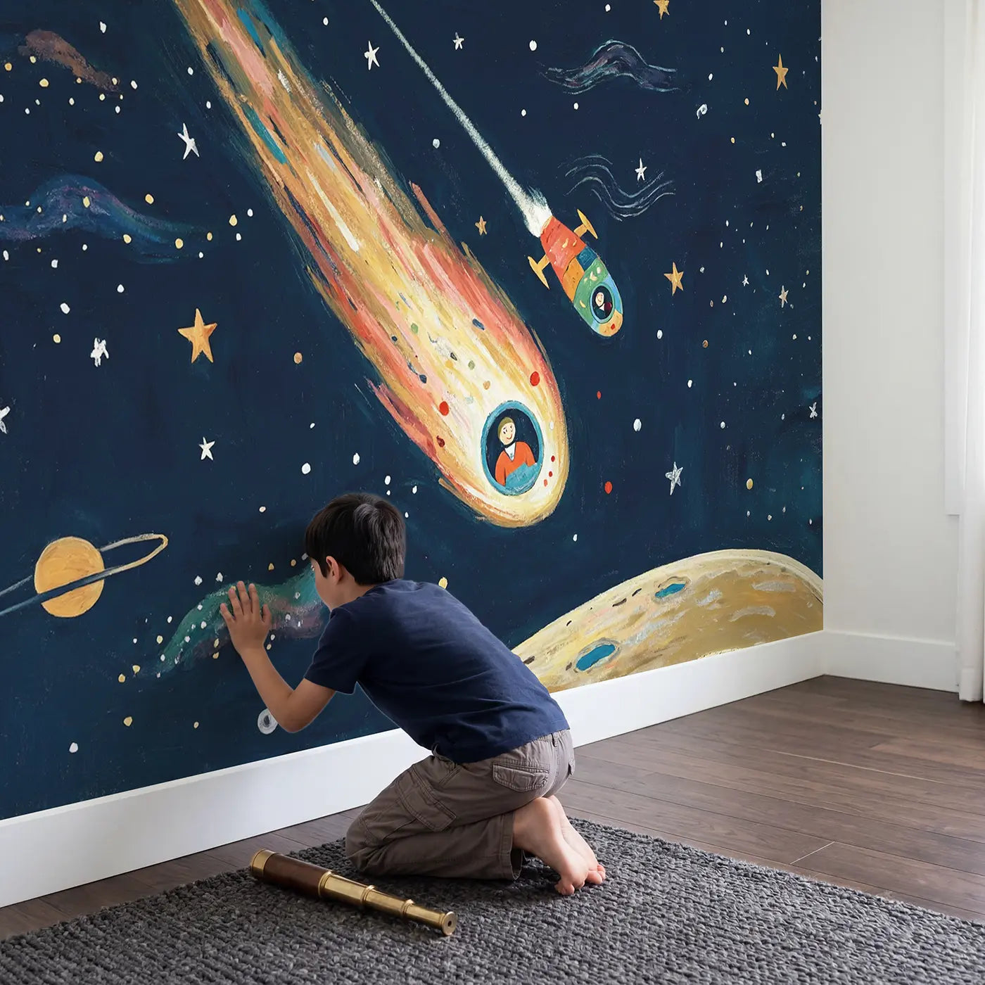 Child in nursery with Comet and Spacecraft Race Wallpaper Mural by Whimsy Tots