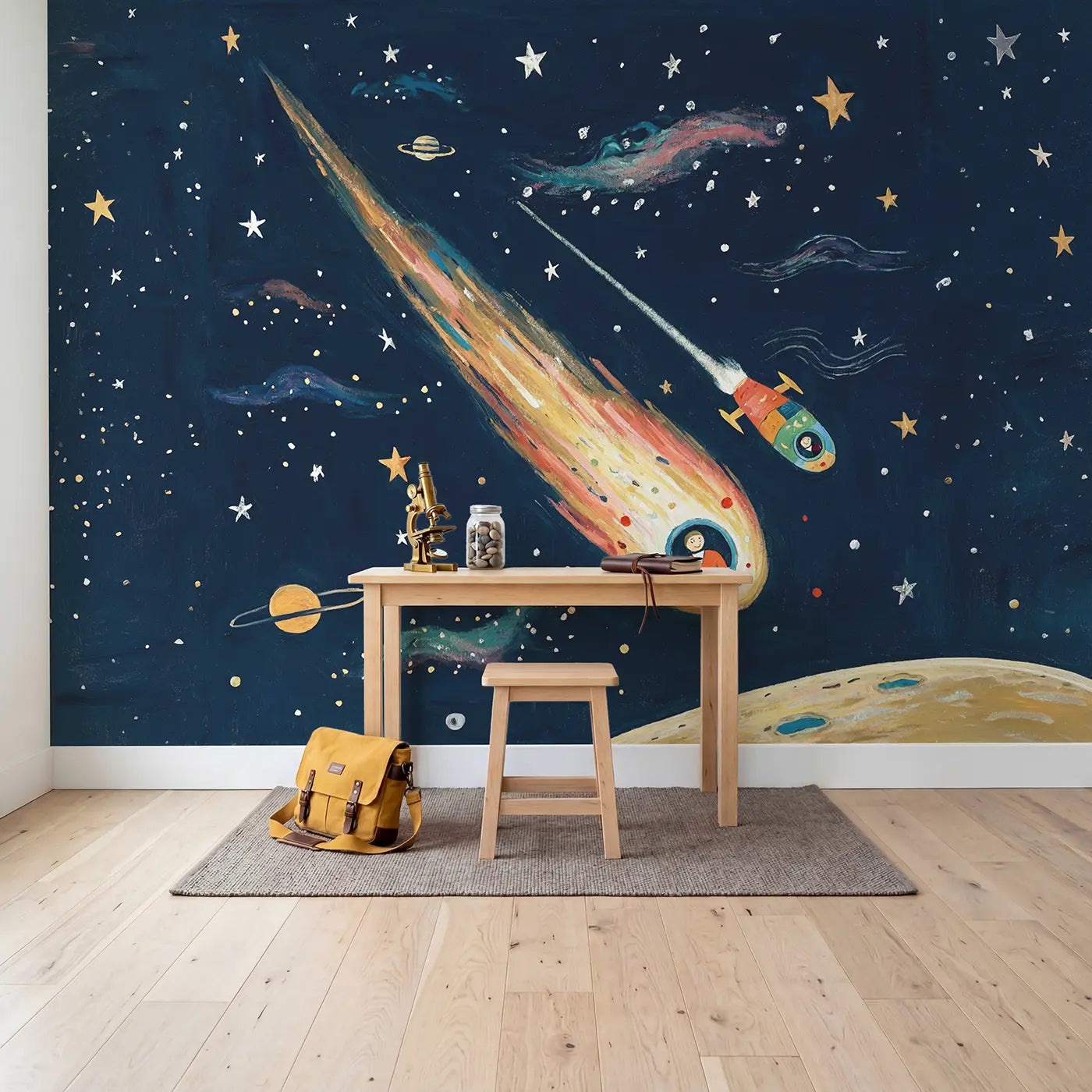 Comet and Spacecraft Race Wallpaper Mural in playroom setting by Whimsy Tots
