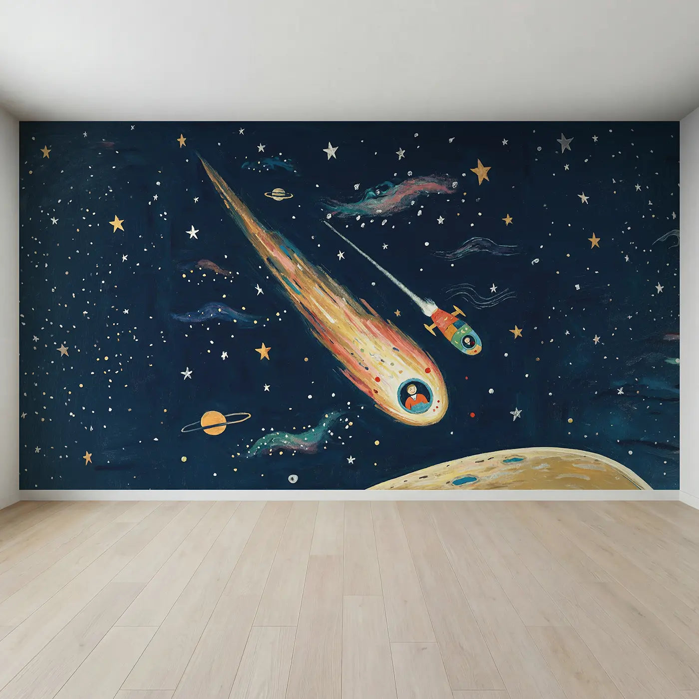 Full view of Comet and Spacecraft Race Wallpaper Mural by Whimsy Tots