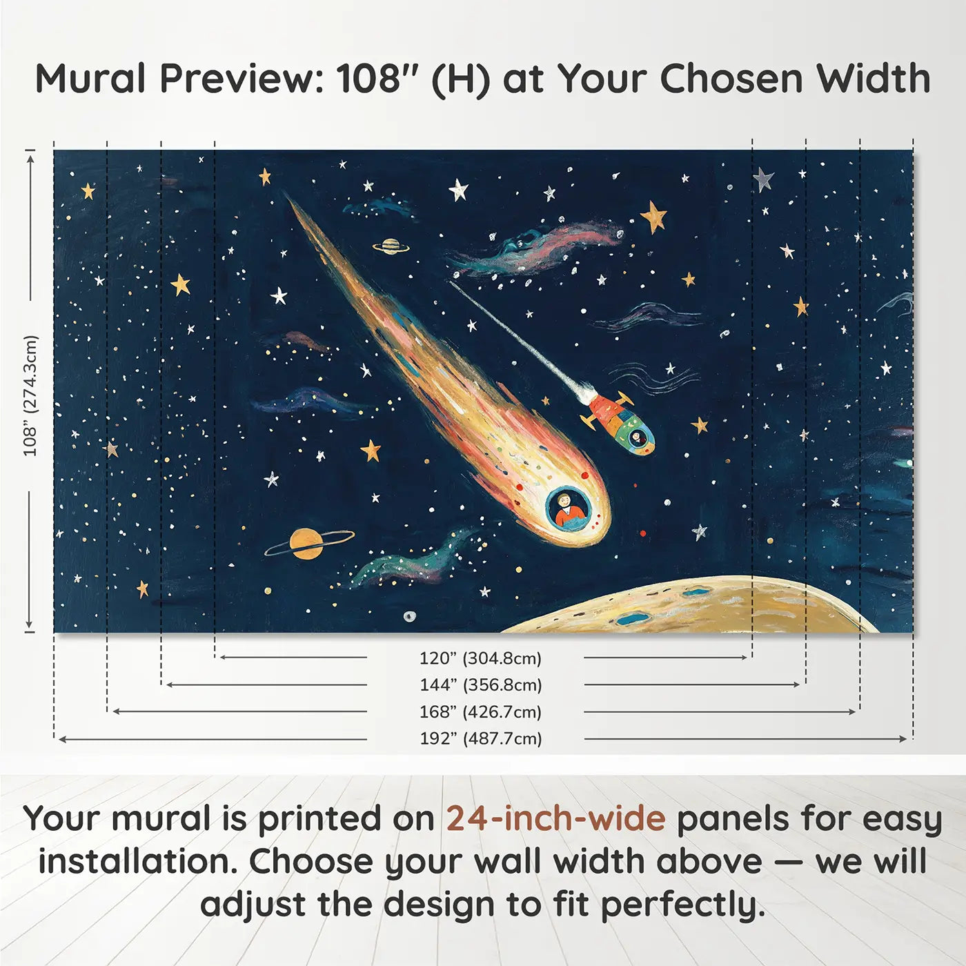 Panel layout and dimensions for Comet and Spacecraft Race Wallpaper Mural by Whimsy Tots