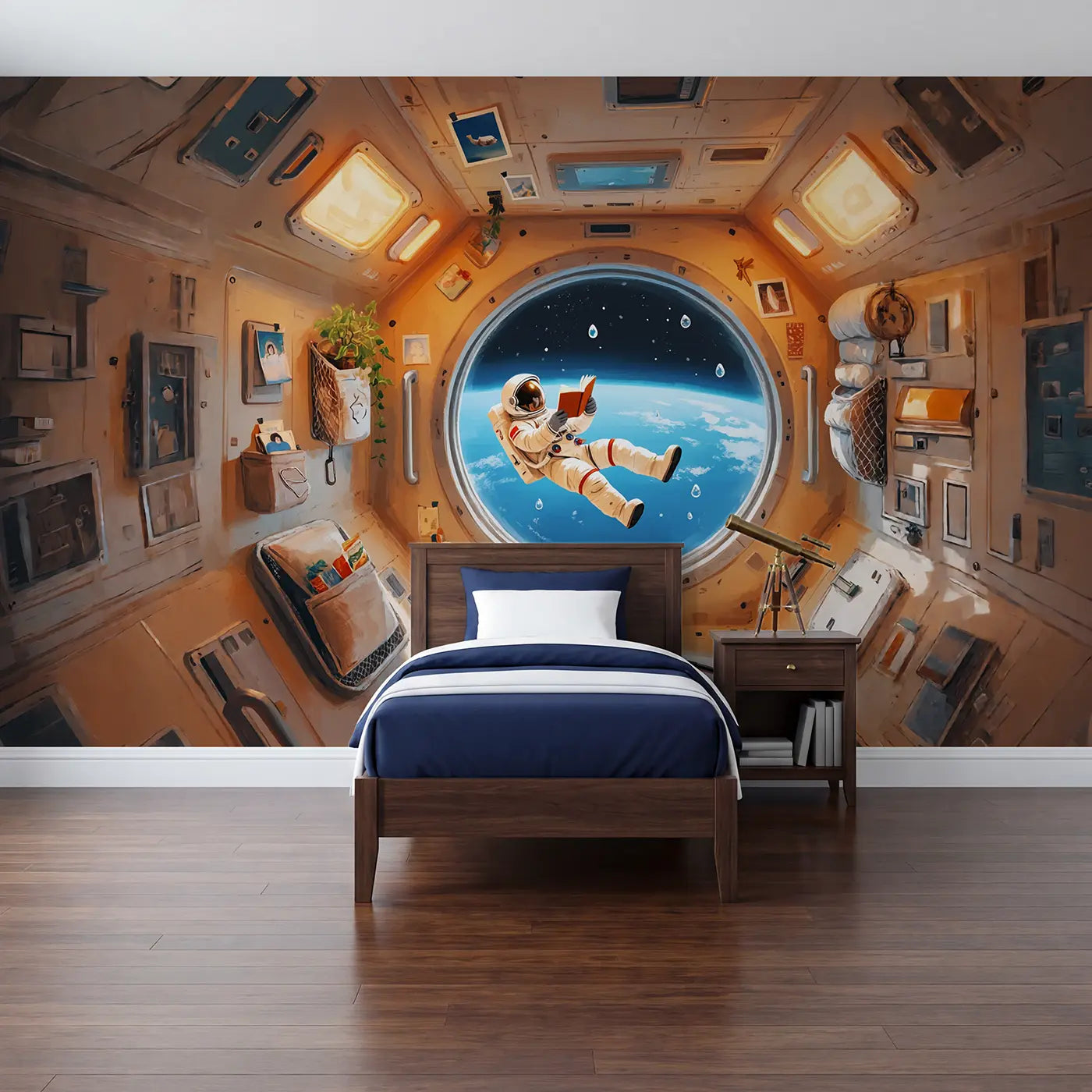 soft pastel astronaut reading space station Earth wallpaper mural for kids room by Whimsy Tots