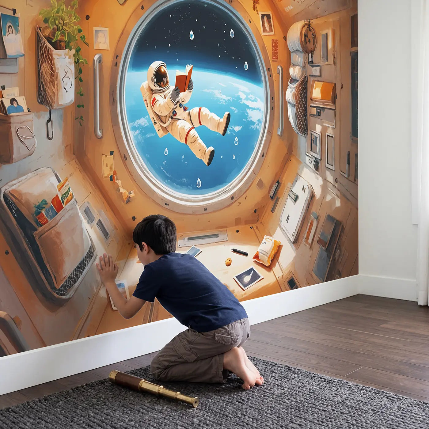 Child in nursery with Reading Astronaut Station Wallpaper Mural by Whimsy Tots