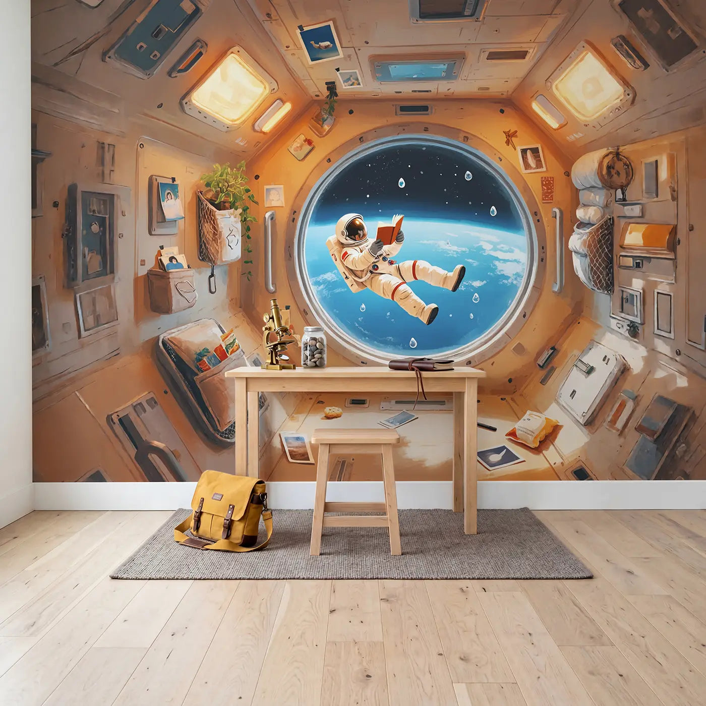 Reading Astronaut Station Wallpaper Mural in playroom setting by Whimsy Tots