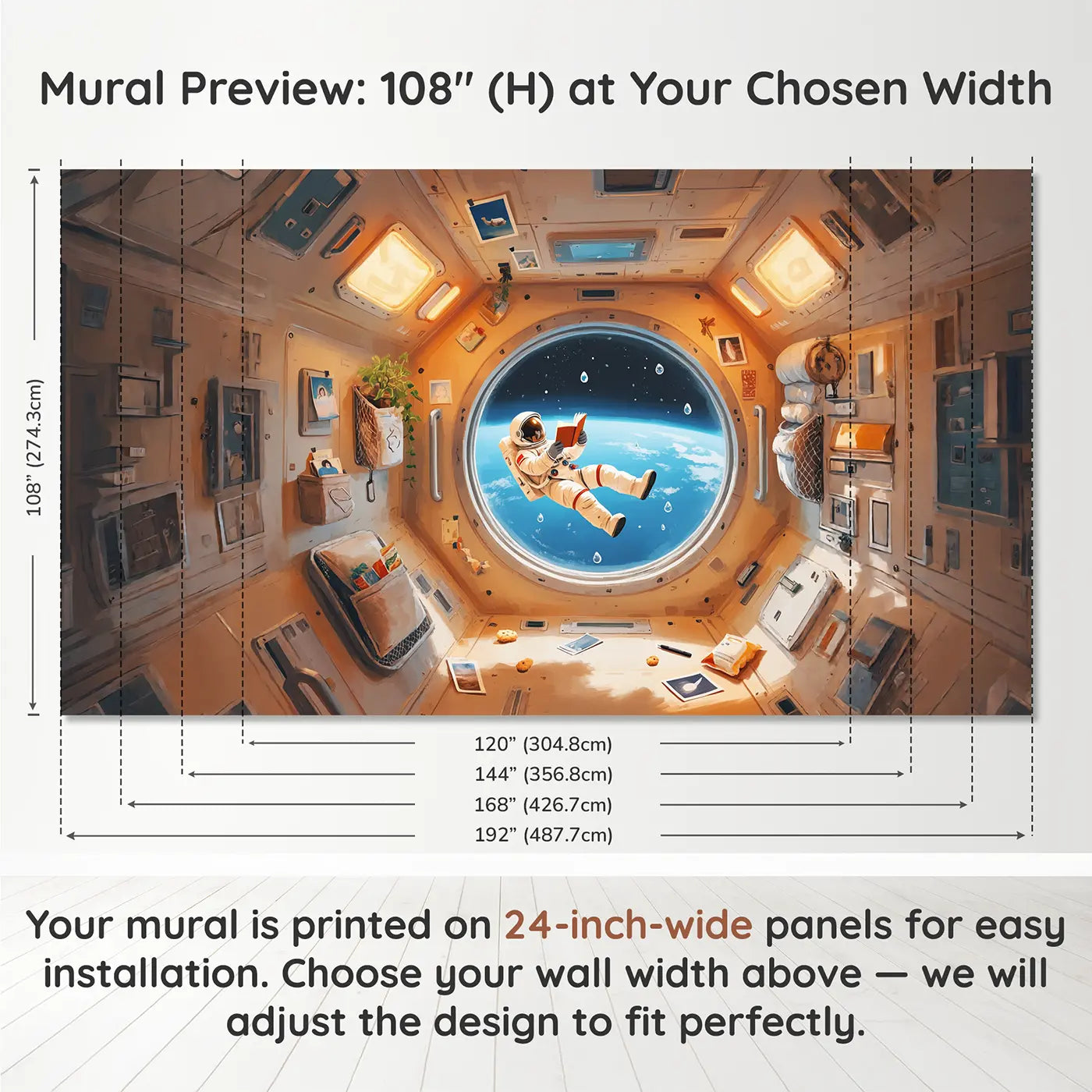 Panel layout and dimensions for Reading Astronaut Station Wallpaper Mural by Whimsy Tots