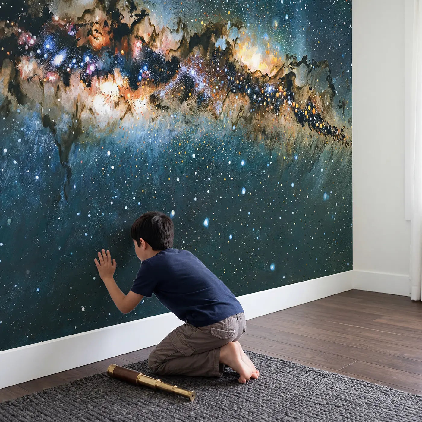 Child in nursery with Cosmic Dust Lane Milky Way Wallpaper Mural by Whimsy Tots
