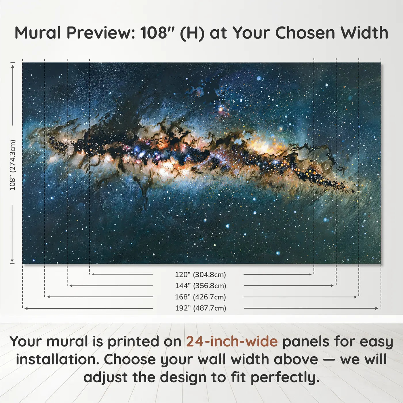 Panel layout and dimensions for Cosmic Dust Lane Milky Way Wallpaper Mural by Whimsy Tots