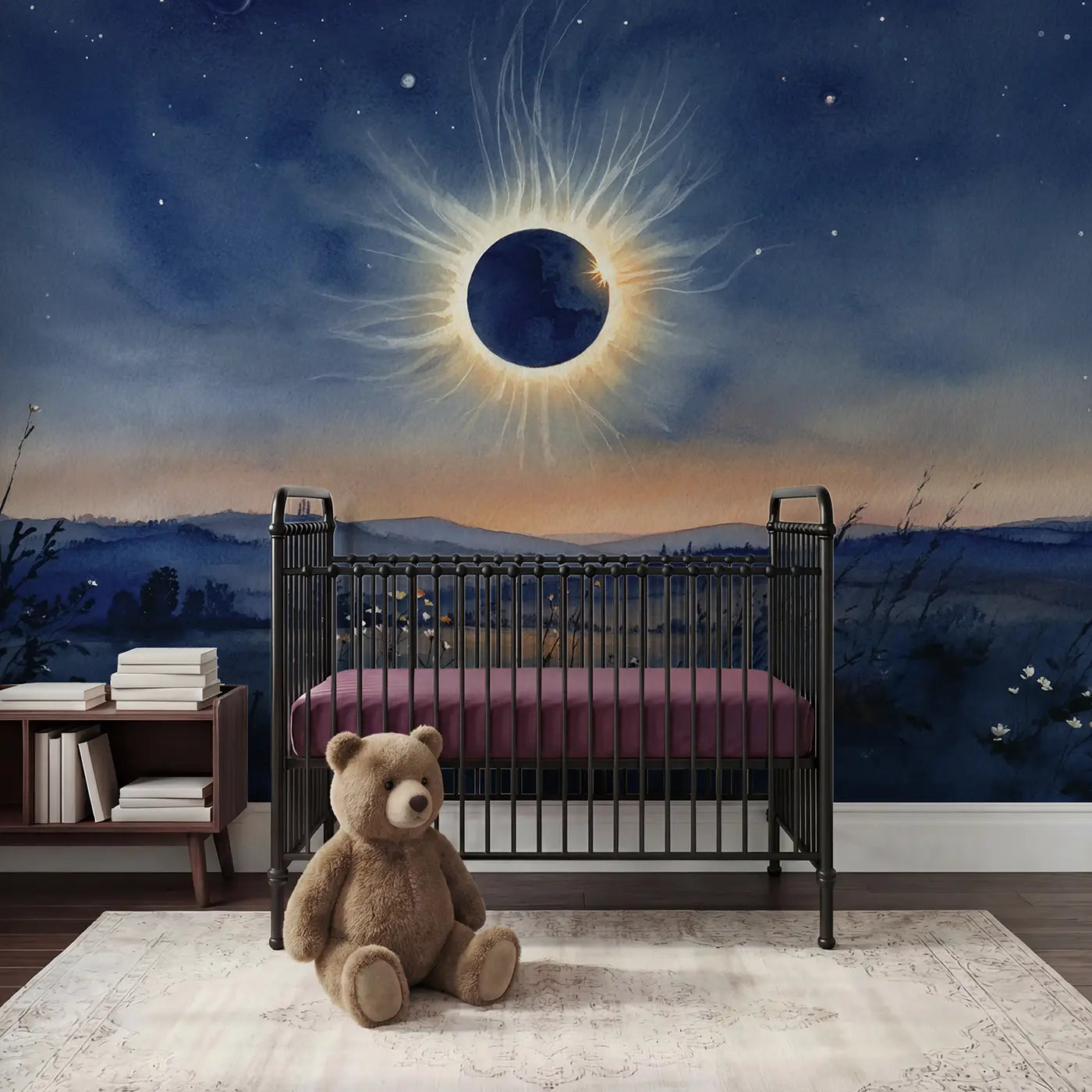 Watercolor solar eclipse hillside panorama wallpaper mural for girls room by Whimsy Tots