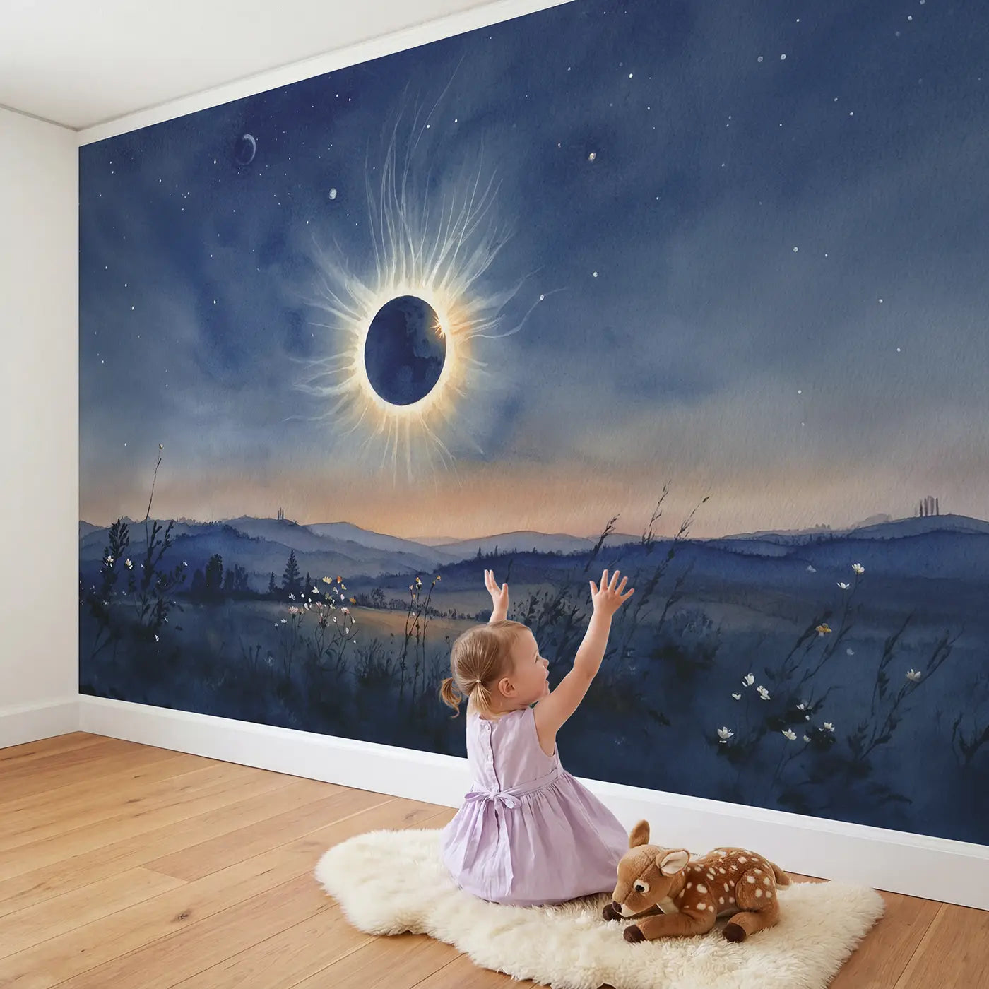 Child in nursery with Solar Eclipse Panorama Wallpaper Mural by Whimsy Tots
