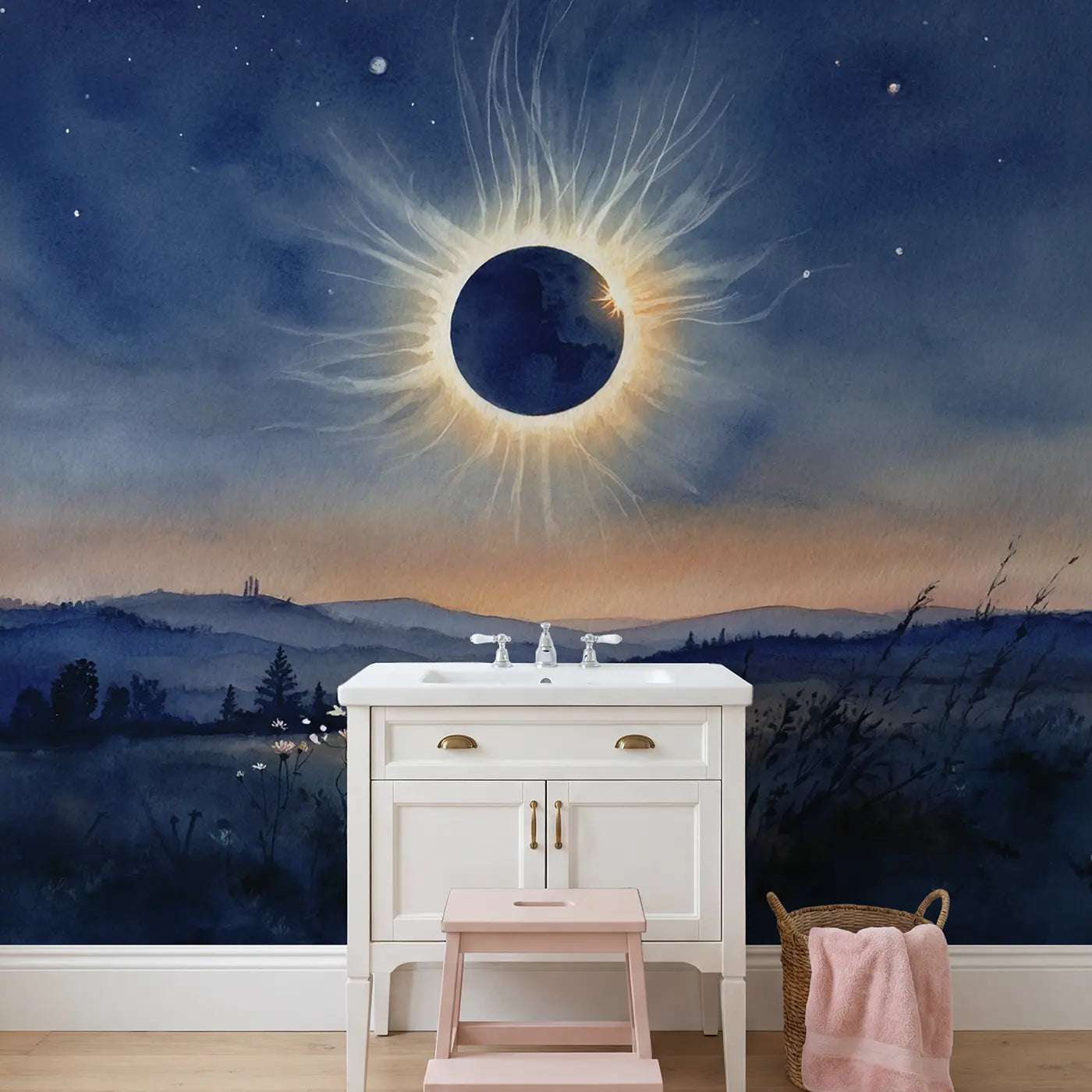 Solar Eclipse Panorama Wallpaper Mural in playroom setting by Whimsy Tots