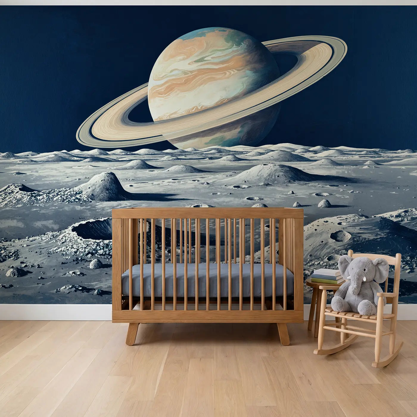 Block print planet and star wallpaper mural for boys room by Whimsy Tots