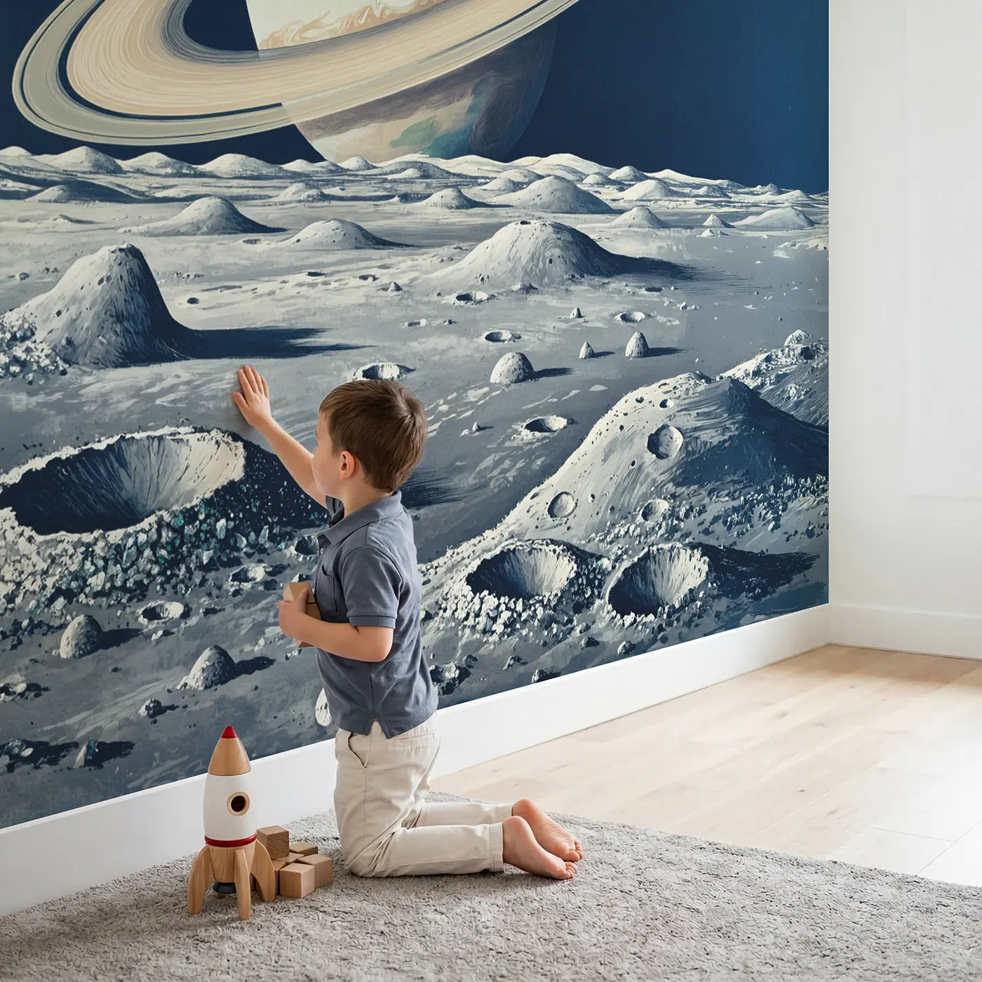 Child in nursery with Ringed Planet Horizon Vista Wallpaper Mural by Whimsy Tots