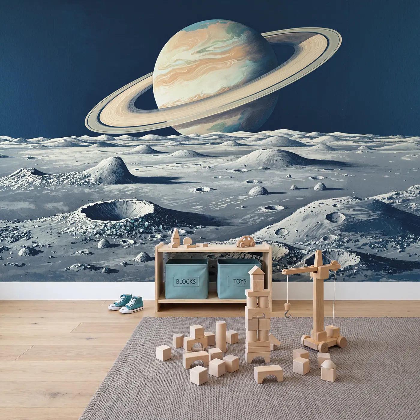 Ringed Planet Horizon Vista Wallpaper Mural in playroom setting by Whimsy Tots