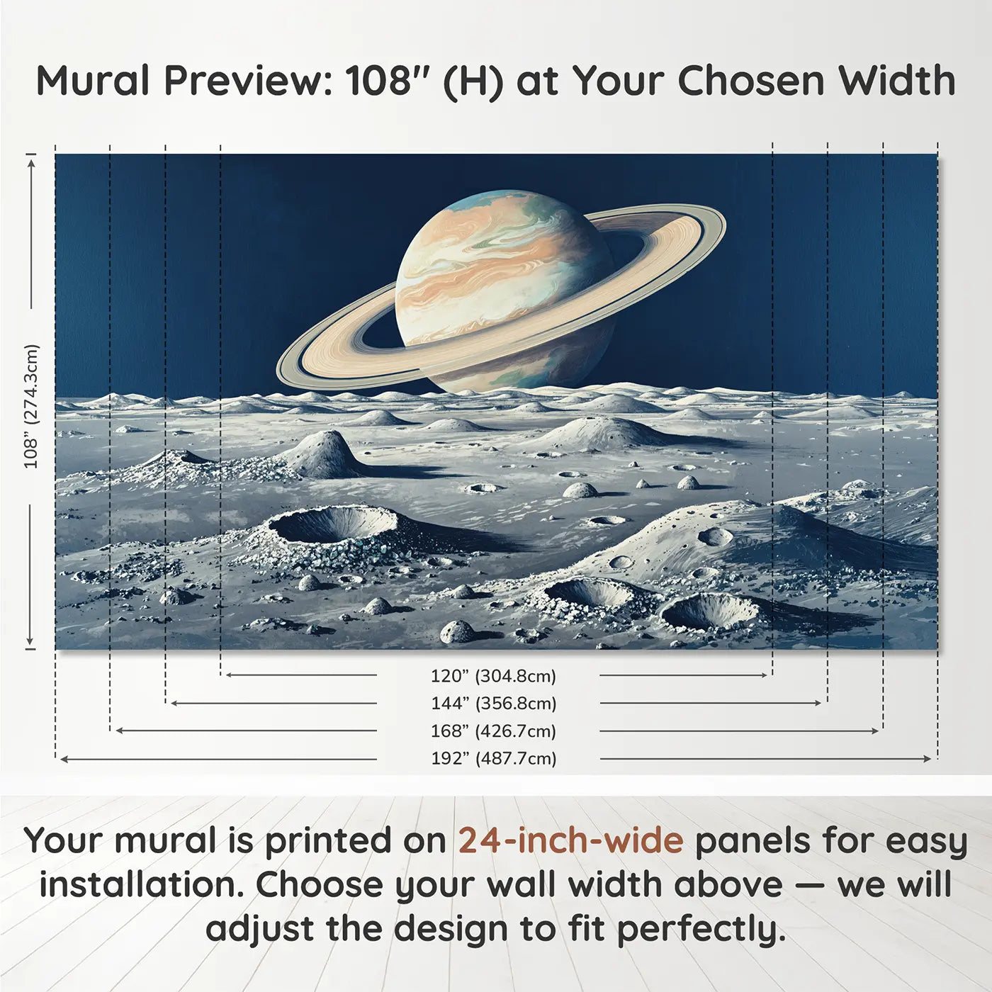 Panel layout and dimensions for Ringed Planet Horizon Vista Wallpaper Mural by Whimsy Tots