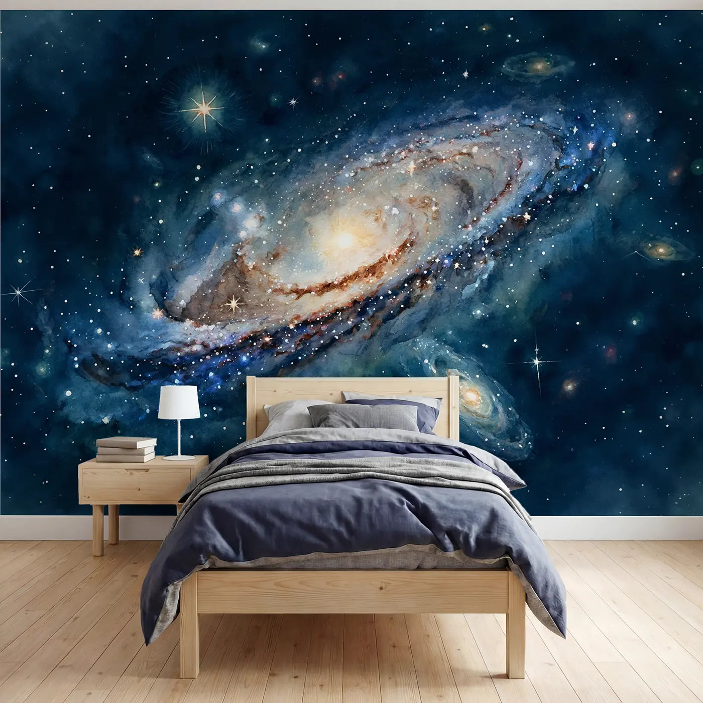 Watercolor spiral galaxy face-on view deep space wallpaper mural for boys room by Whimsy Tots