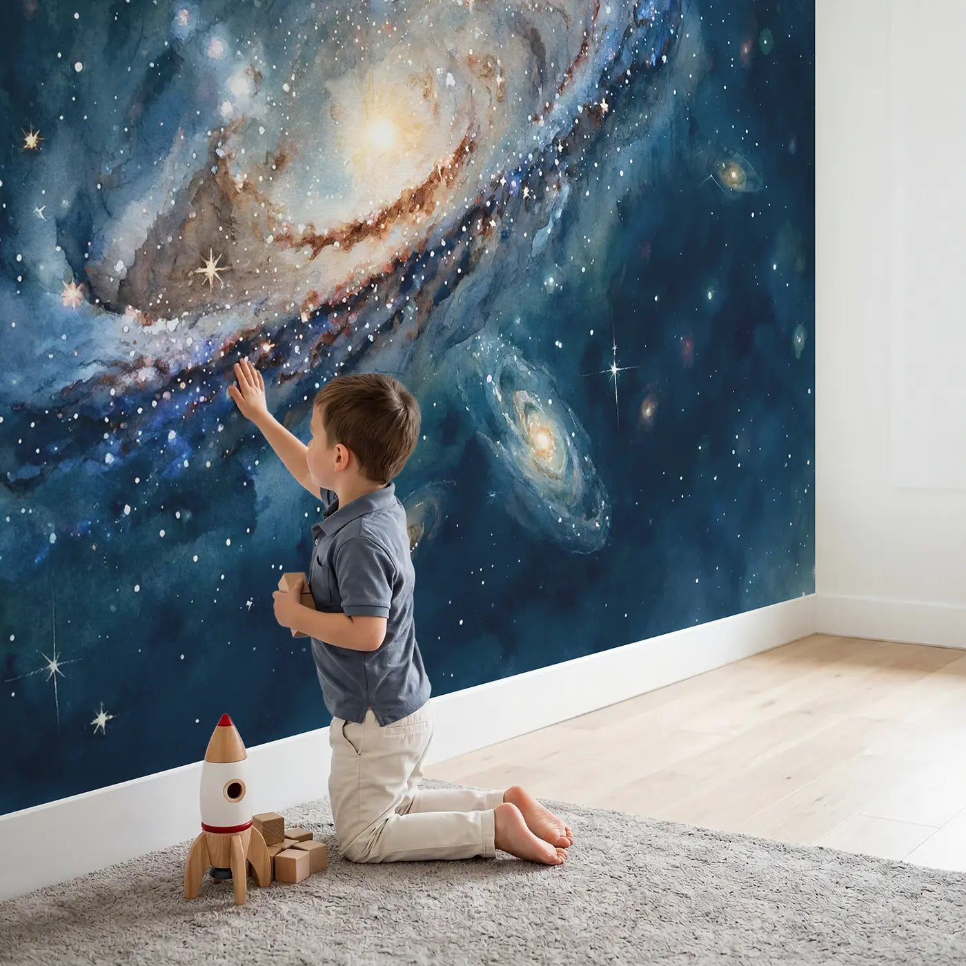Child in nursery with Face On Spiral Galaxy Wallpaper Mural by Whimsy Tots