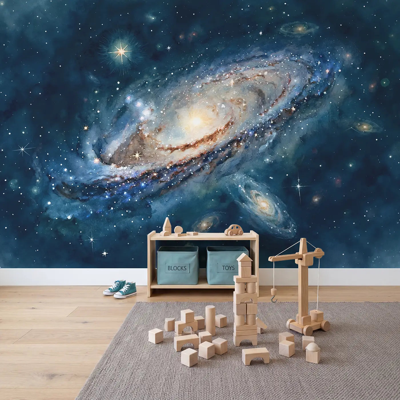 Face On Spiral Galaxy Wallpaper Mural in playroom setting by Whimsy Tots