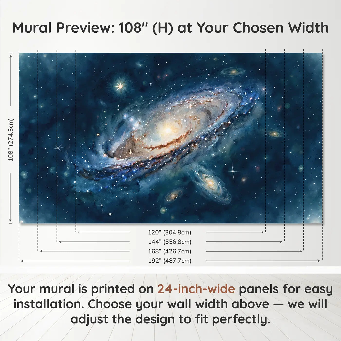 Panel layout and dimensions for Face On Spiral Galaxy Wallpaper Mural by Whimsy Tots