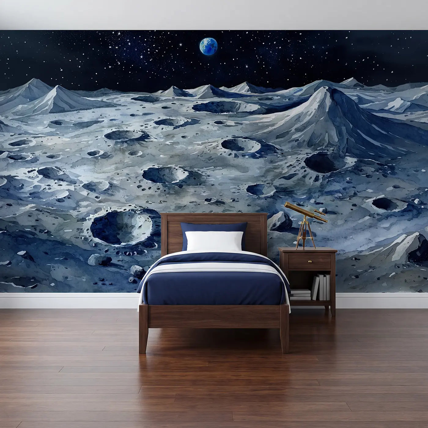 Watercolor lunar landscape space panorama wallpaper mural for kids room by Whimsy Tots