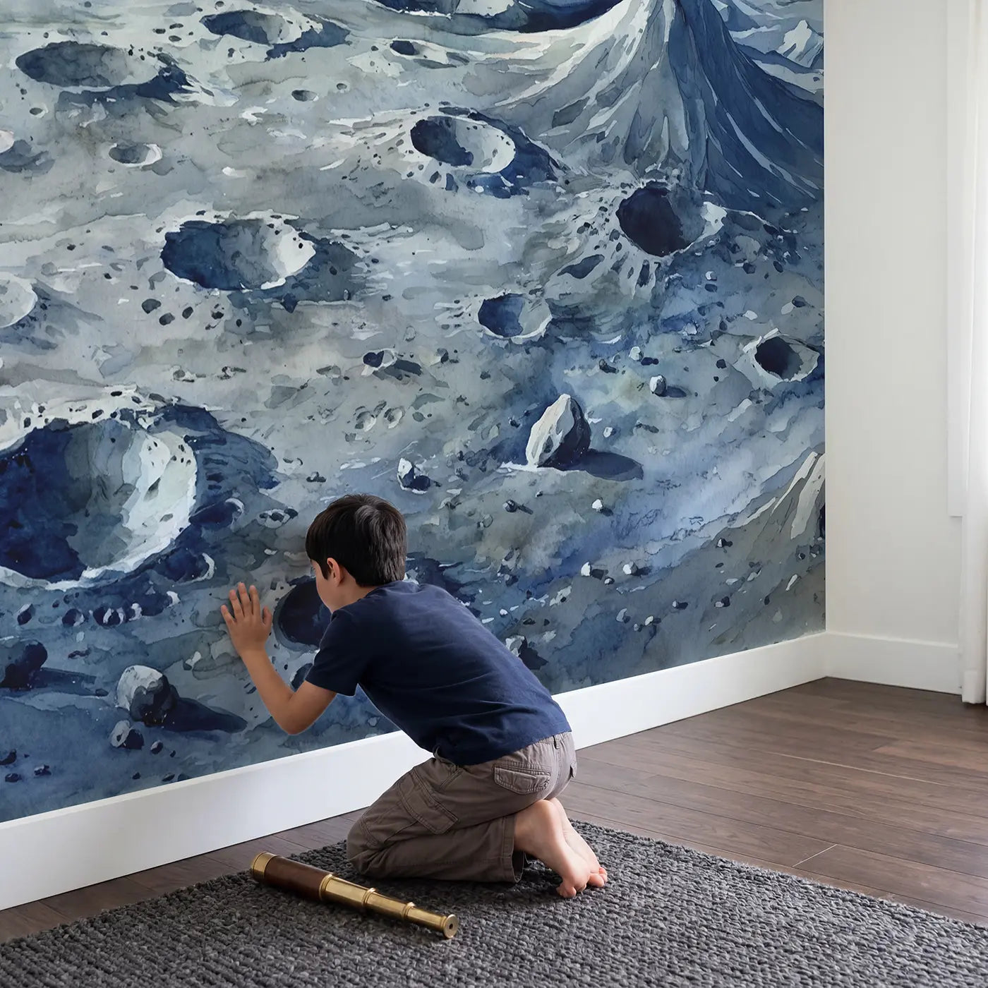 Child in nursery with Lunar Landscape Panorama Wallpaper Mural by Whimsy Tots