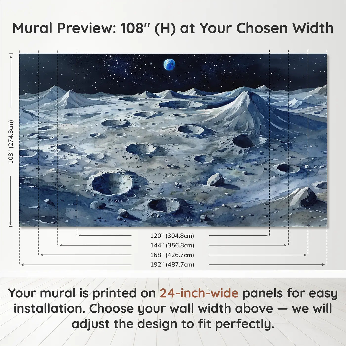 Panel layout and dimensions for Lunar Landscape Panorama Wallpaper Mural by Whimsy Tots
