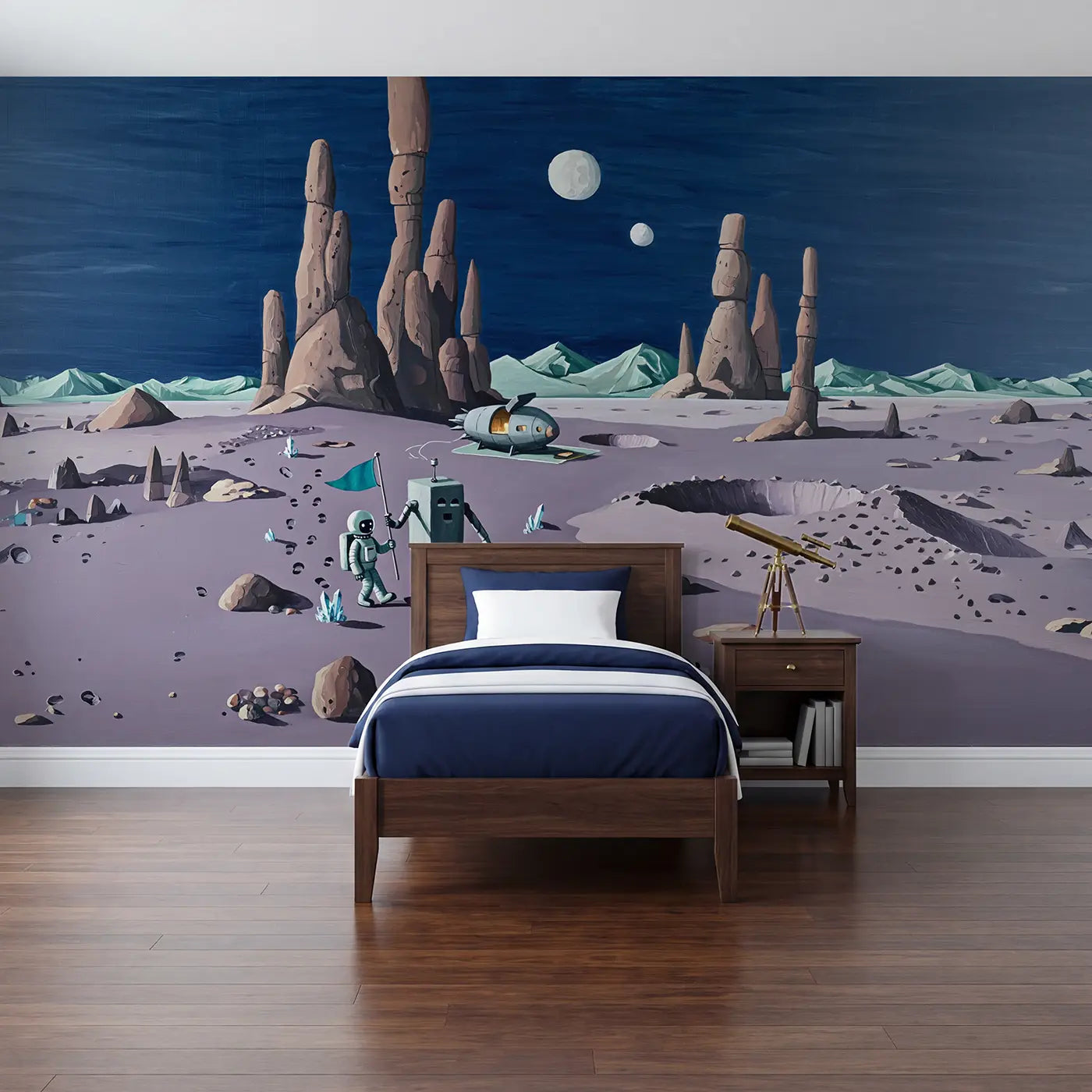modern illustration astronaut robot planet wallpaper mural for kids room by Whimsy Tots