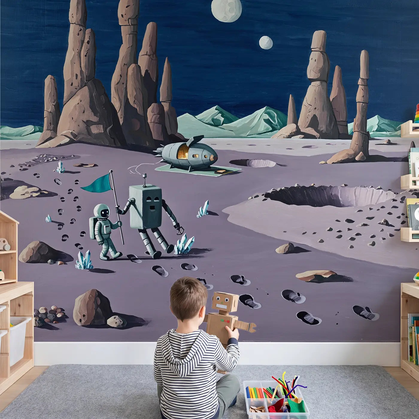 Child in nursery with Astronaut Robot Planet Duo Wallpaper Mural by Whimsy Tots