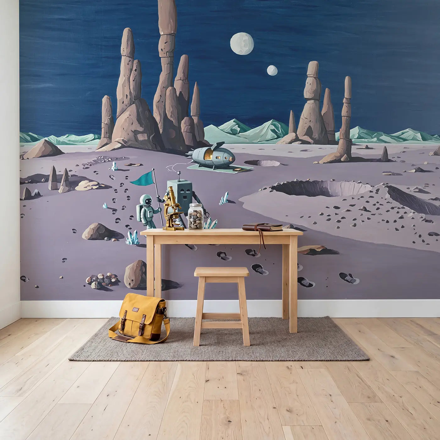 Astronaut Robot Planet Duo Wallpaper Mural in playroom setting by Whimsy Tots