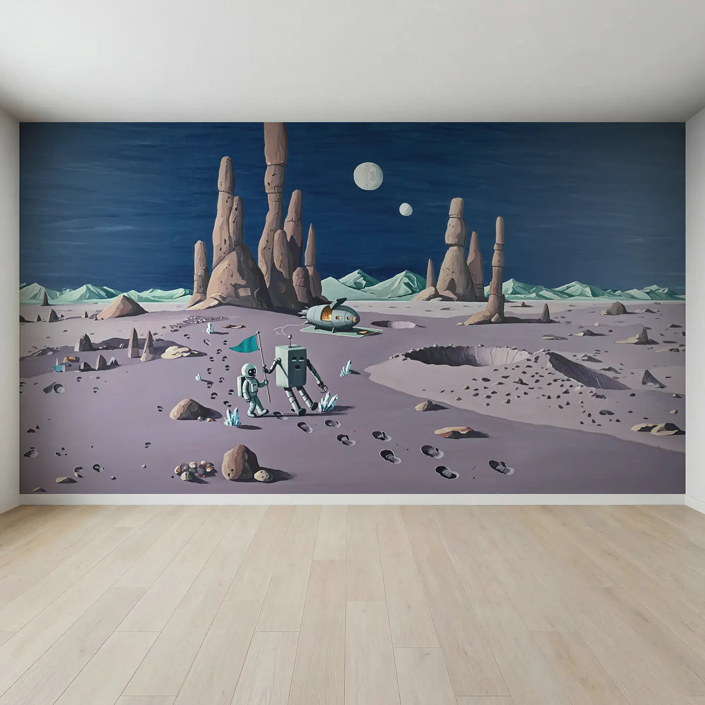 Full view of Astronaut Robot Planet Duo Wallpaper Mural by Whimsy Tots