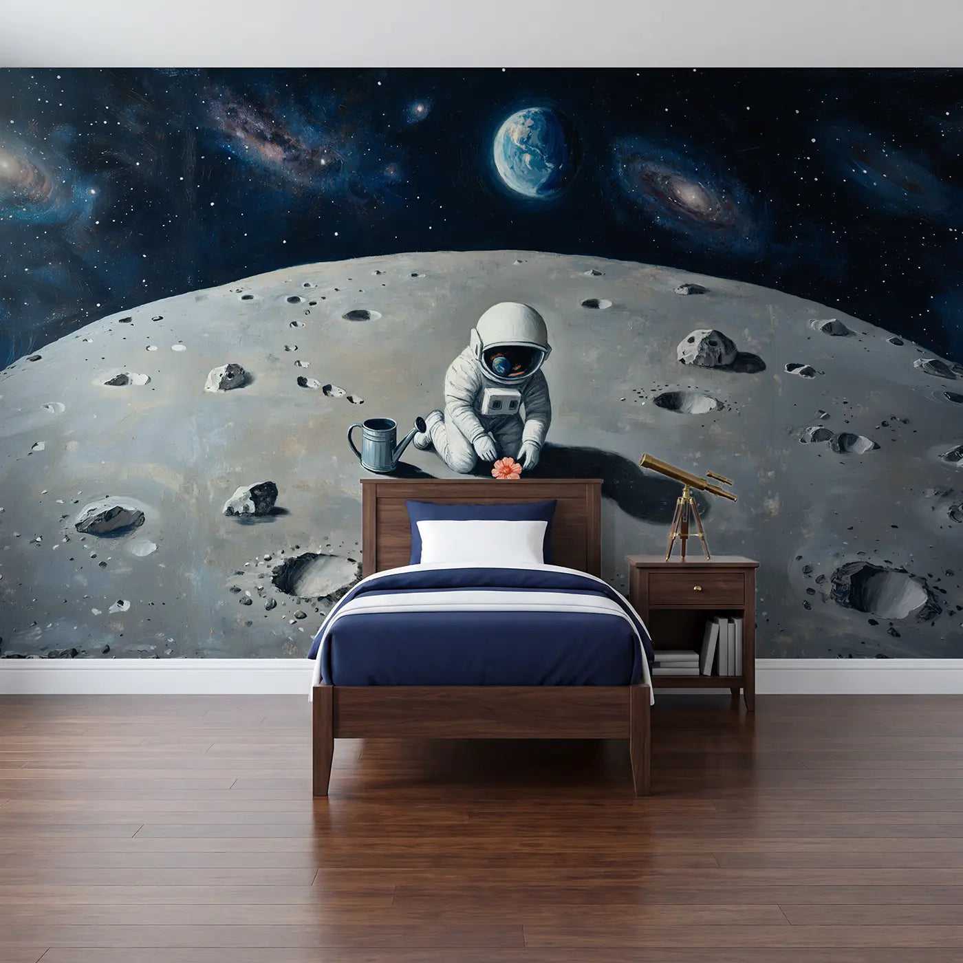 Painted Landscape moon garden astronaut wallpaper mural for kids room by Whimsy Tots