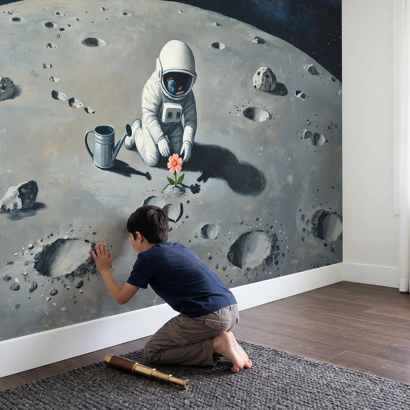 Child in nursery with Moon Garden Astronaut Wallpaper Mural by Whimsy Tots