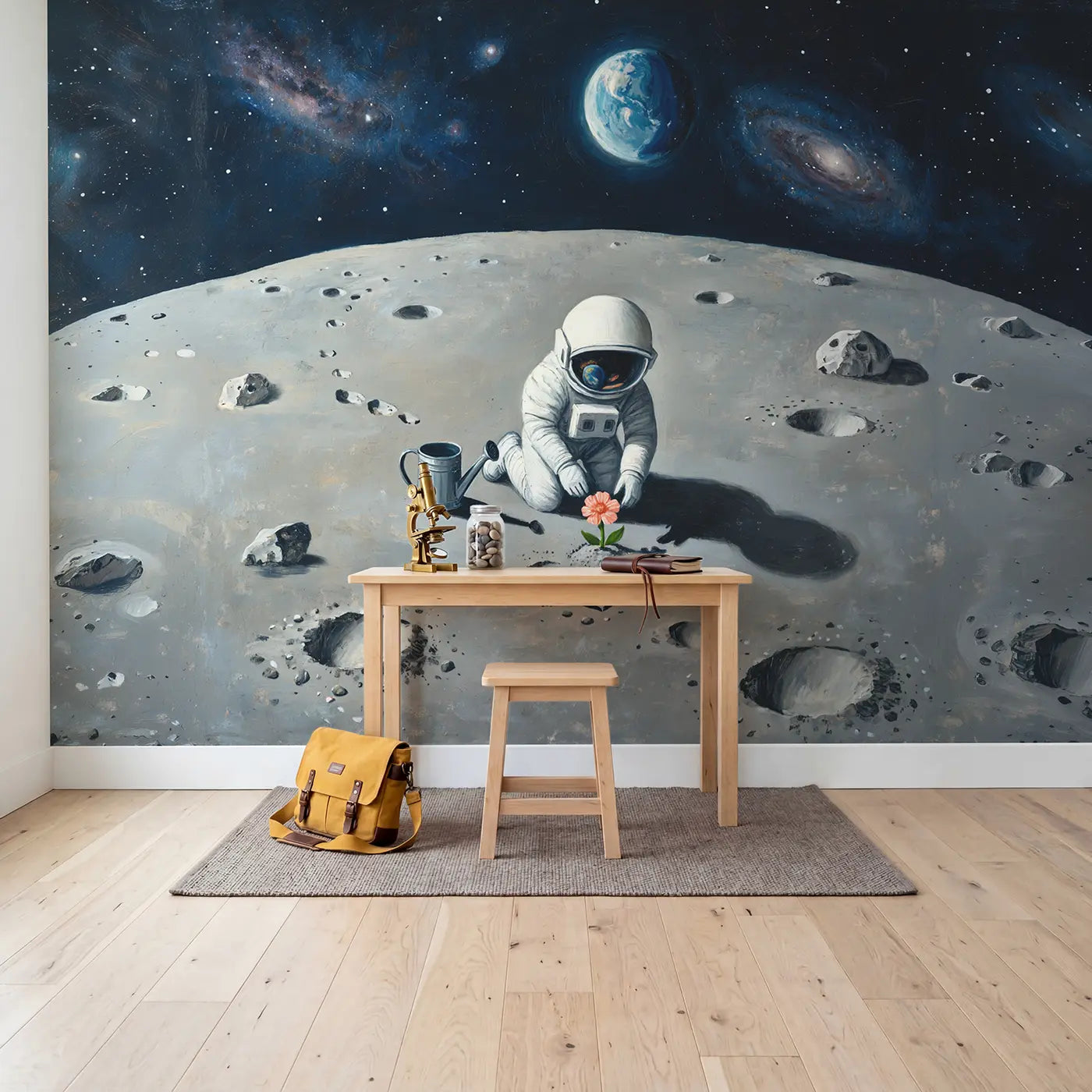 Moon Garden Astronaut Wallpaper Mural in playroom setting by Whimsy Tots