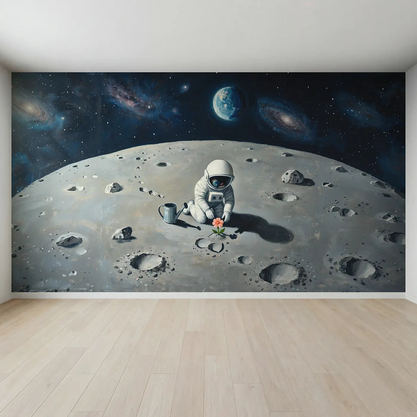 Full view of Moon Garden Astronaut Wallpaper Mural by Whimsy Tots
