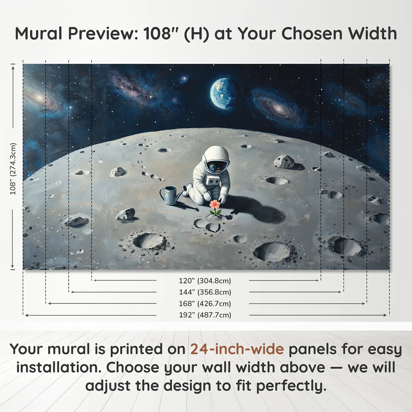 Panel layout and dimensions for Moon Garden Astronaut Wallpaper Mural by Whimsy Tots