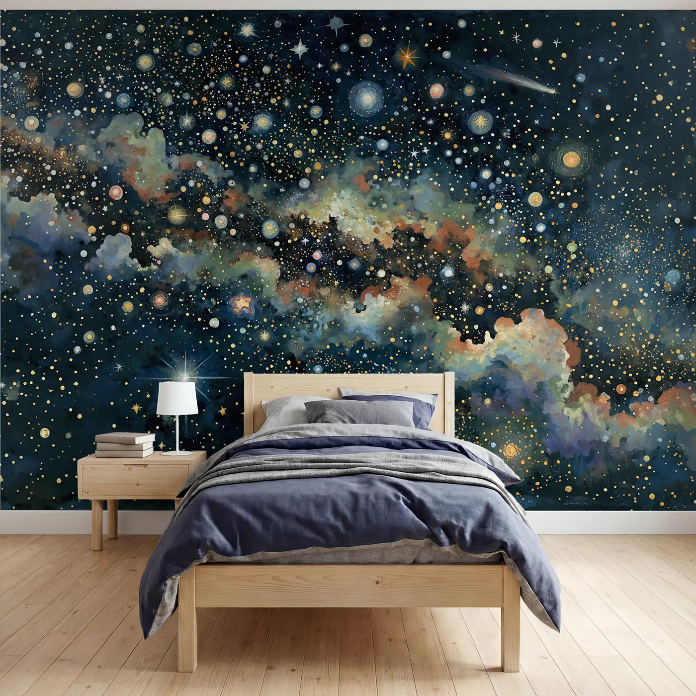 Modern illustration star space wallpaper mural for kids room by Whimsy Tots