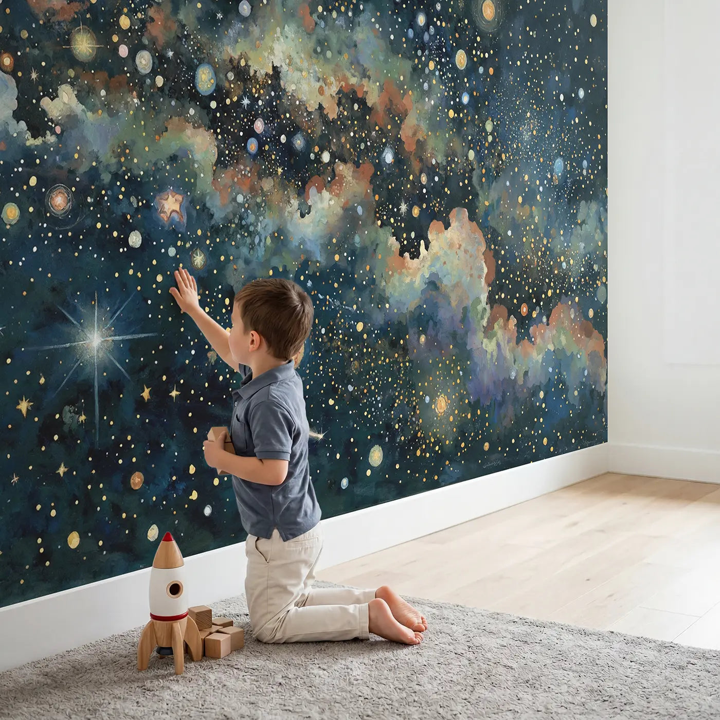 Child in nursery with Dense Star Field Deep Space Wallpaper Mural by Whimsy Tots