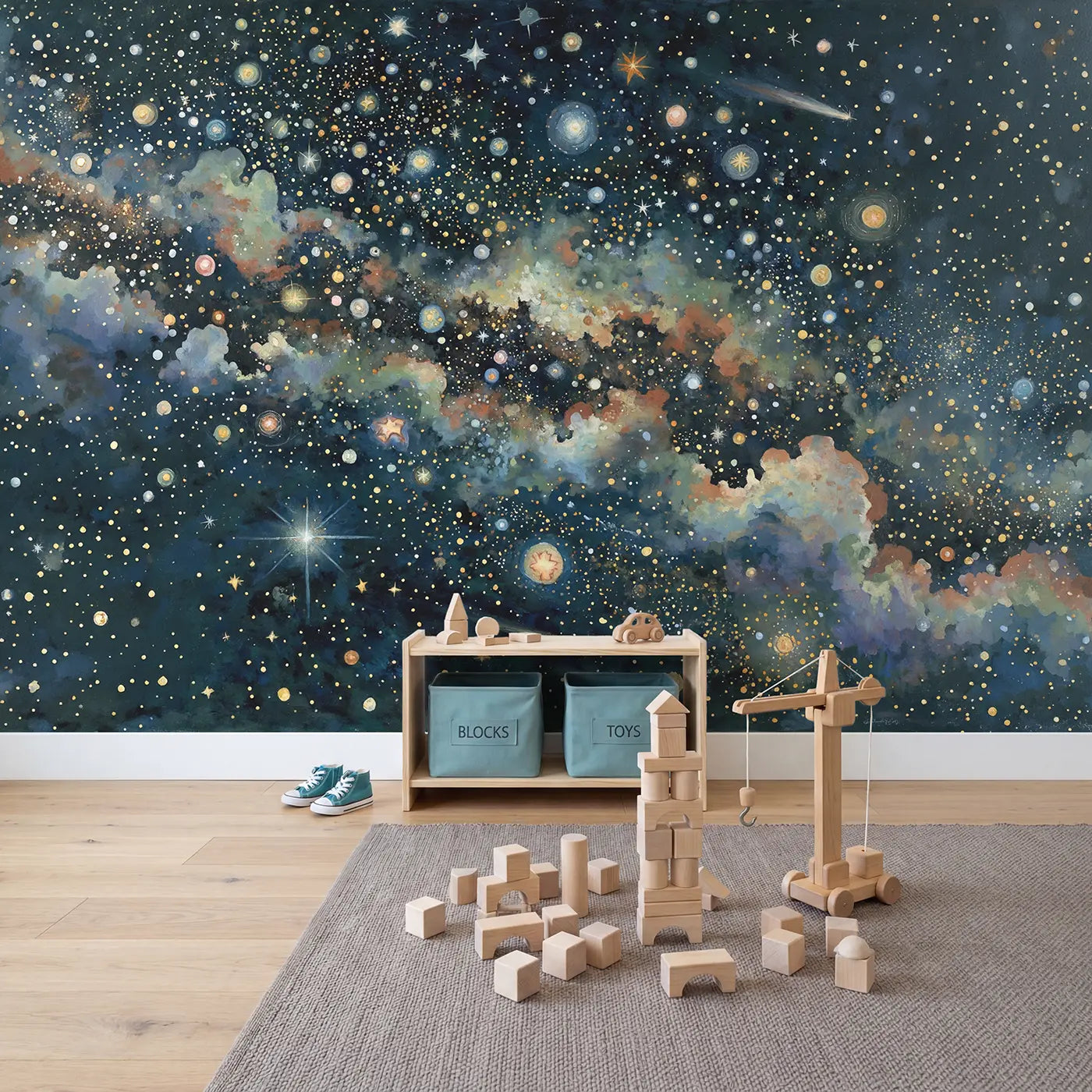 Dense Star Field Deep Space Wallpaper Mural in playroom setting by Whimsy Tots