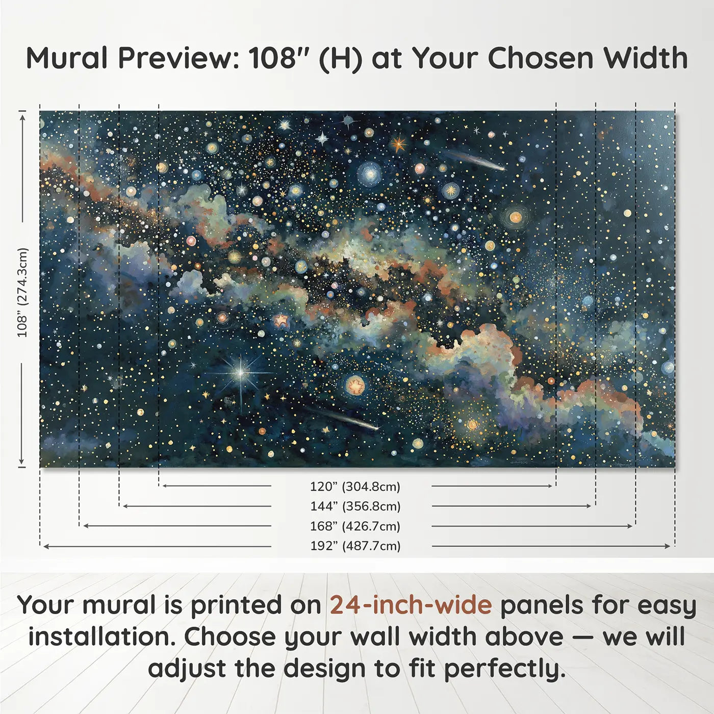 Panel layout and dimensions for Dense Star Field Deep Space Wallpaper Mural by Whimsy Tots