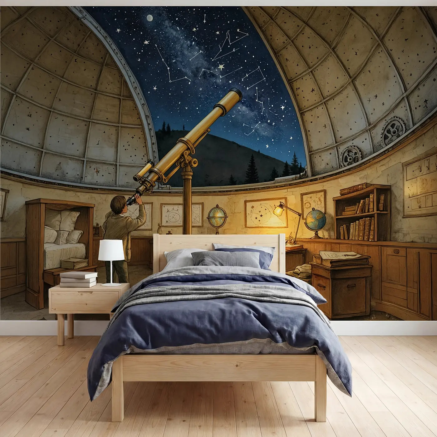 Storybook observatory constellation night sky wallpaper mural for boys room by Whimsy Tots