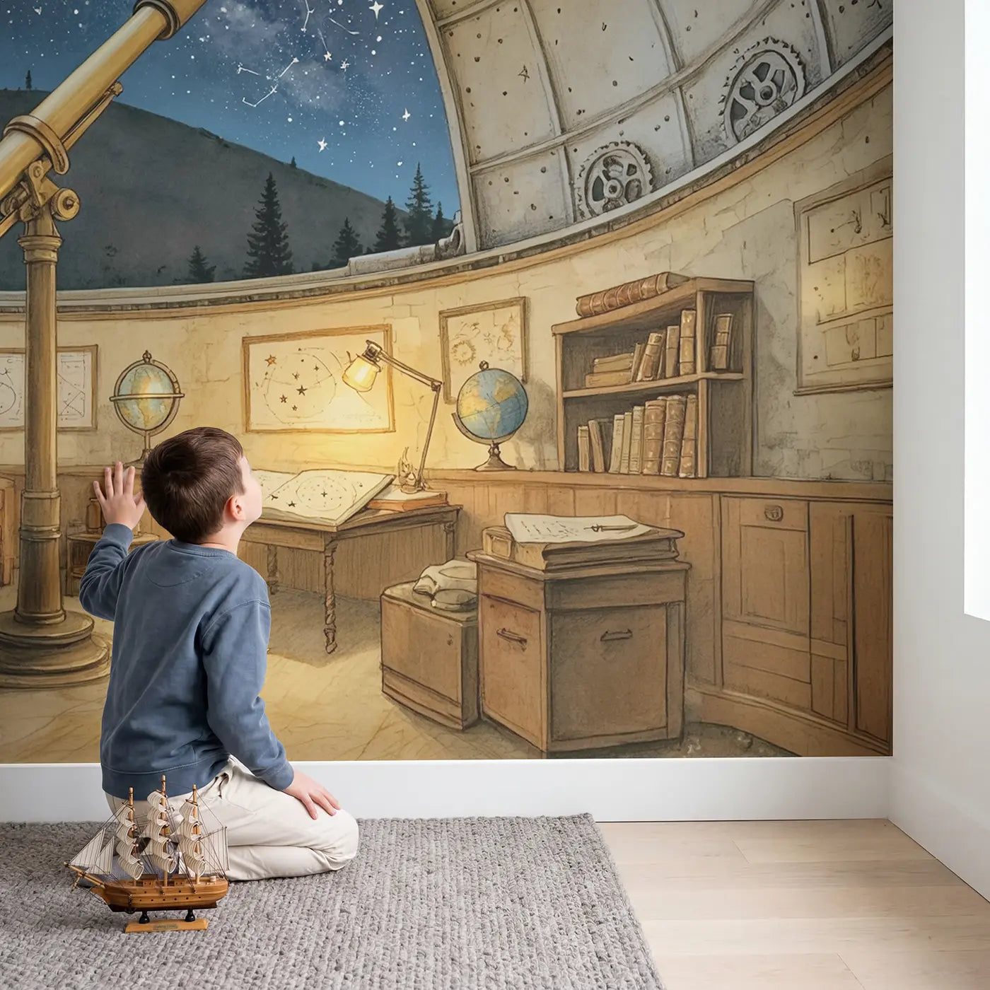 Child in nursery with Stargazing Observatory Wallpaper Mural by Whimsy Tots
