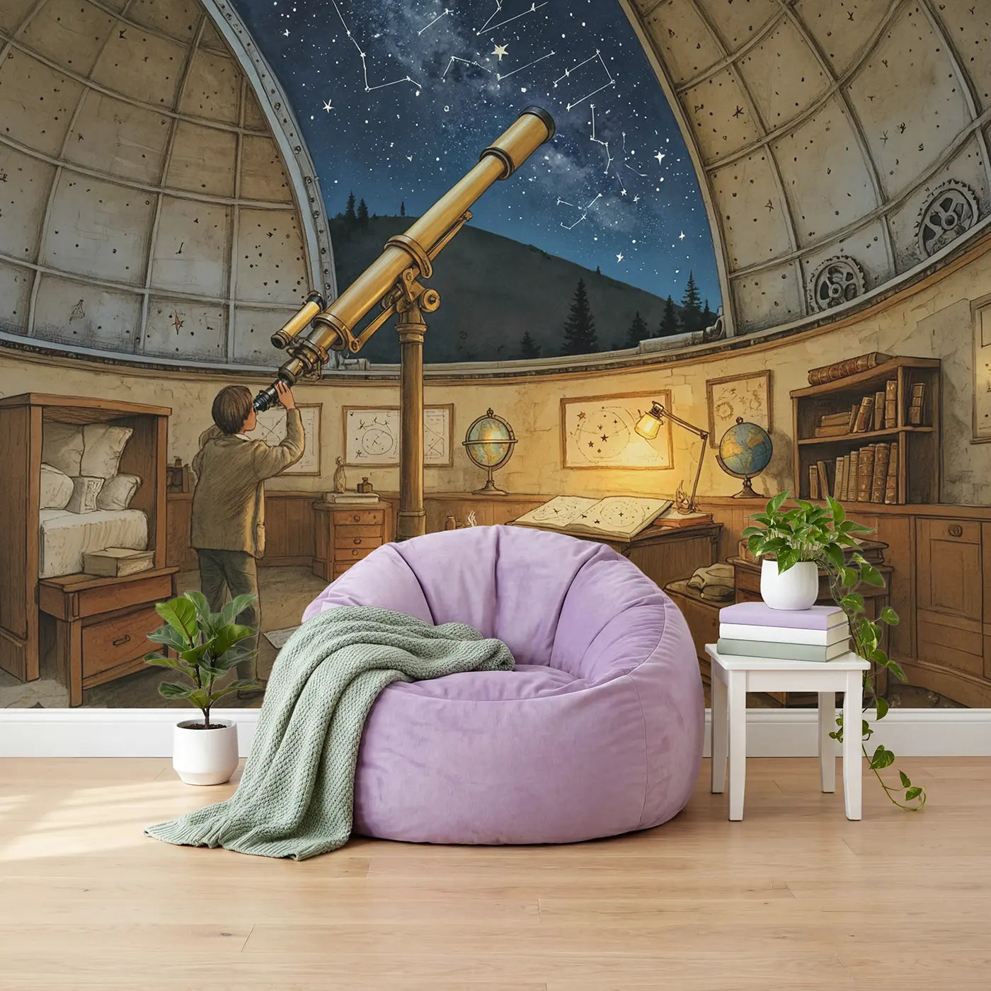 Stargazing Observatory Wallpaper Mural in playroom setting by Whimsy Tots