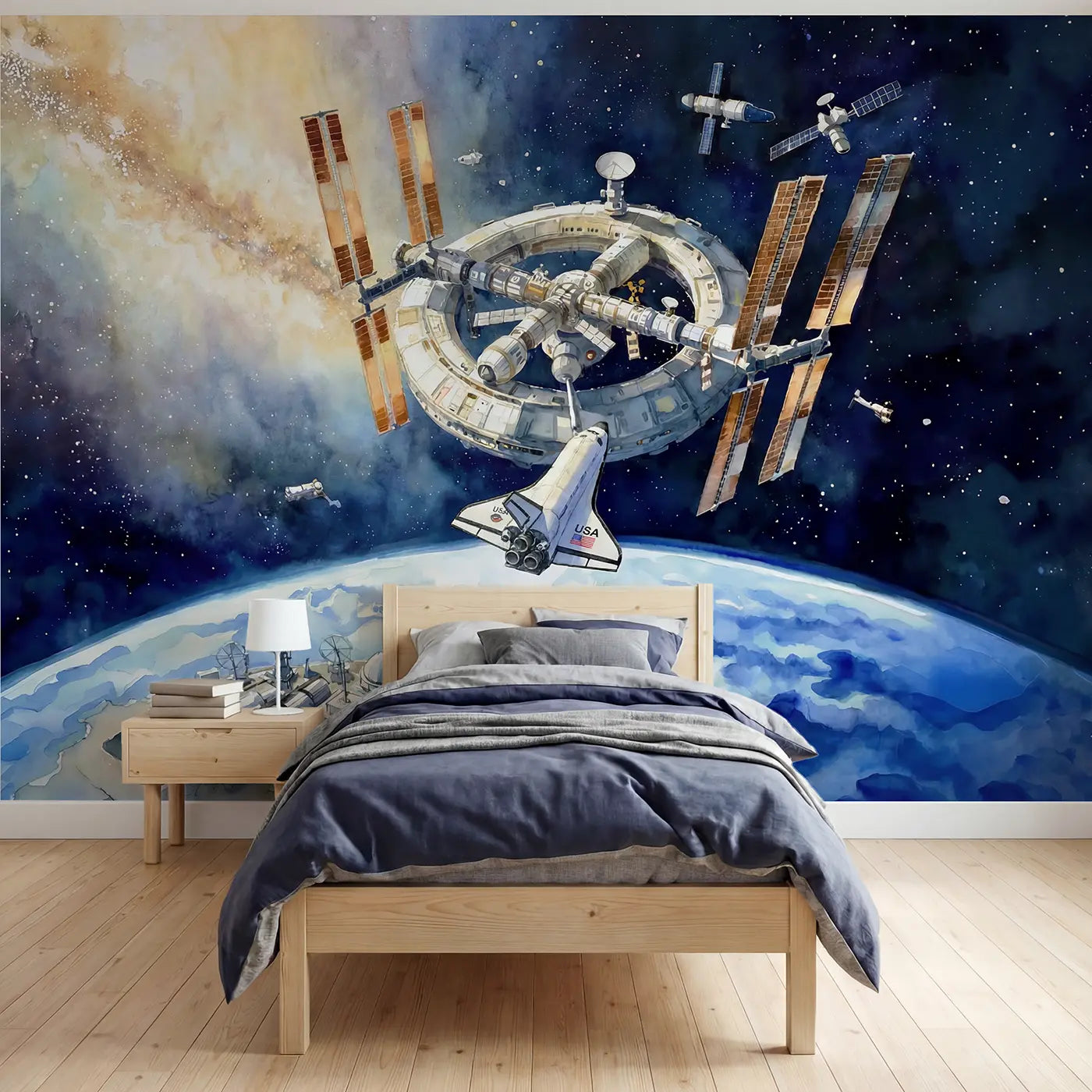 Watercolor space station shuttle docking wallpaper mural for boys room by Whimsy Tots