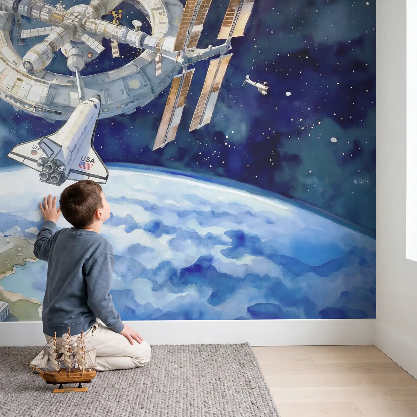 Child in nursery with Space Station Shuttle Docking Wallpaper Mural by Whimsy Tots