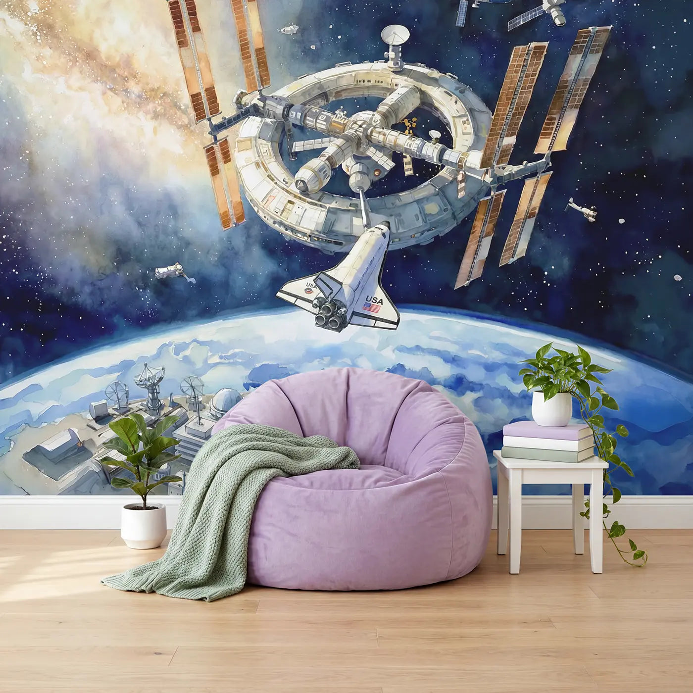 Space Station Shuttle Docking Wallpaper Mural in playroom setting by Whimsy Tots