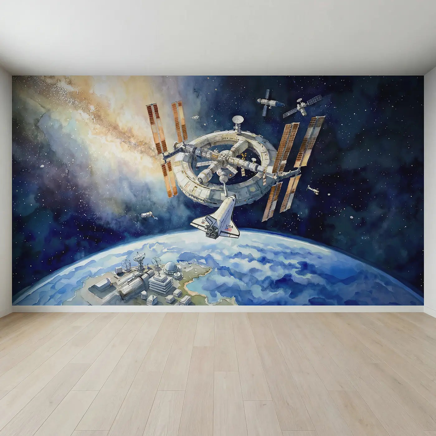 Full view of Space Station Shuttle Docking Wallpaper Mural by Whimsy Tots