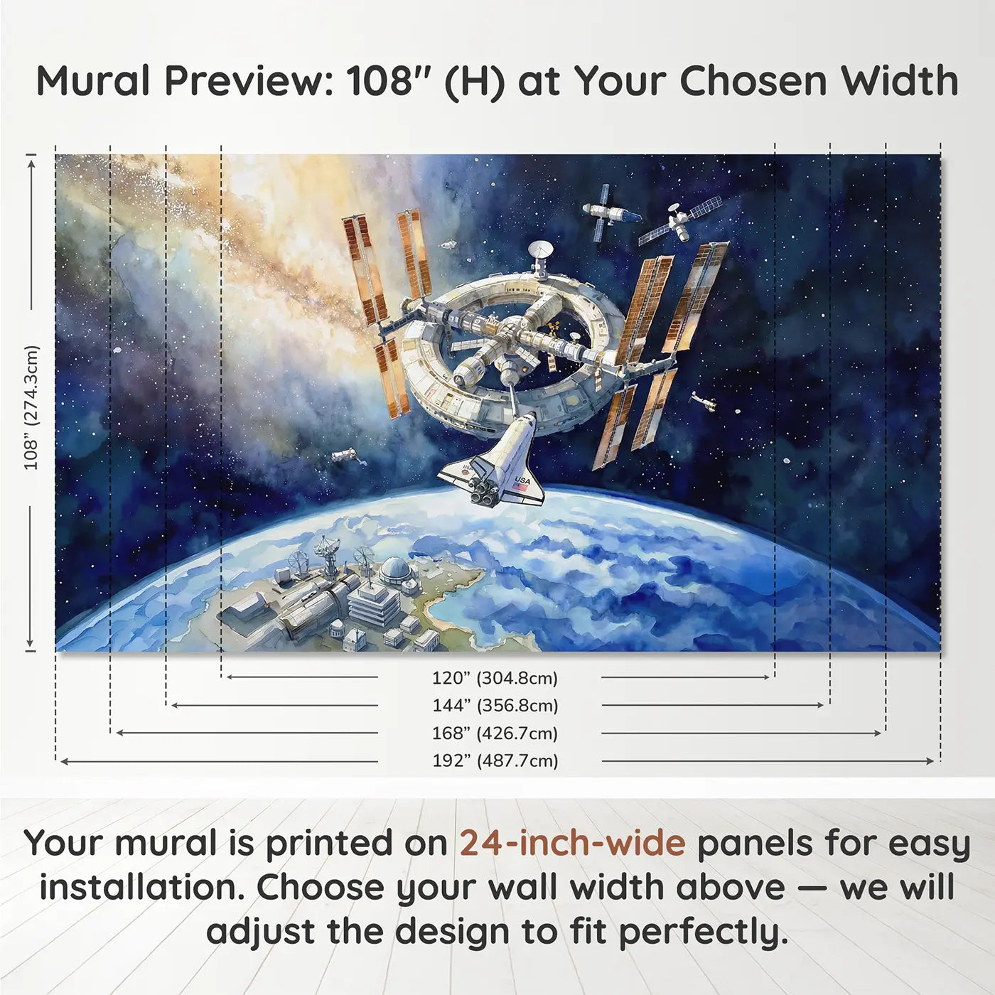Panel layout and dimensions for Space Station Shuttle Docking Wallpaper Mural by Whimsy Tots