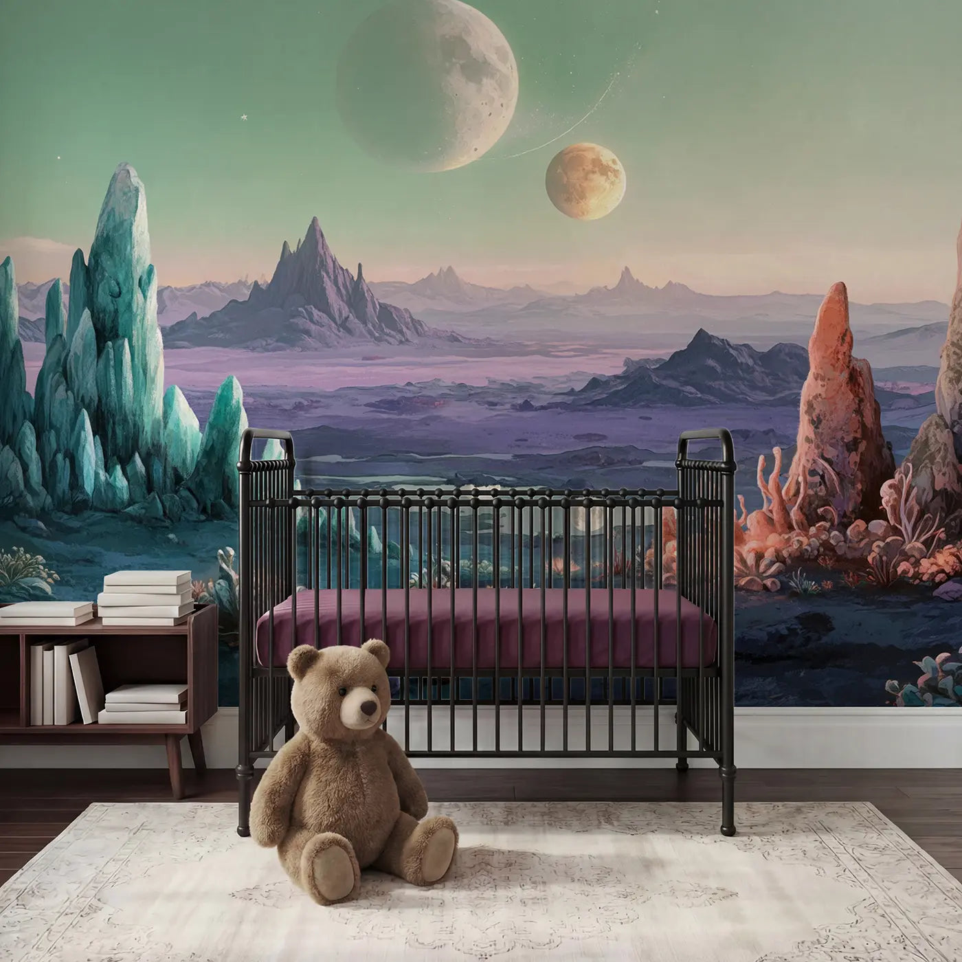 Soft pastel alien planet with twin moons wallpaper mural for nursery by Whimsy Tots