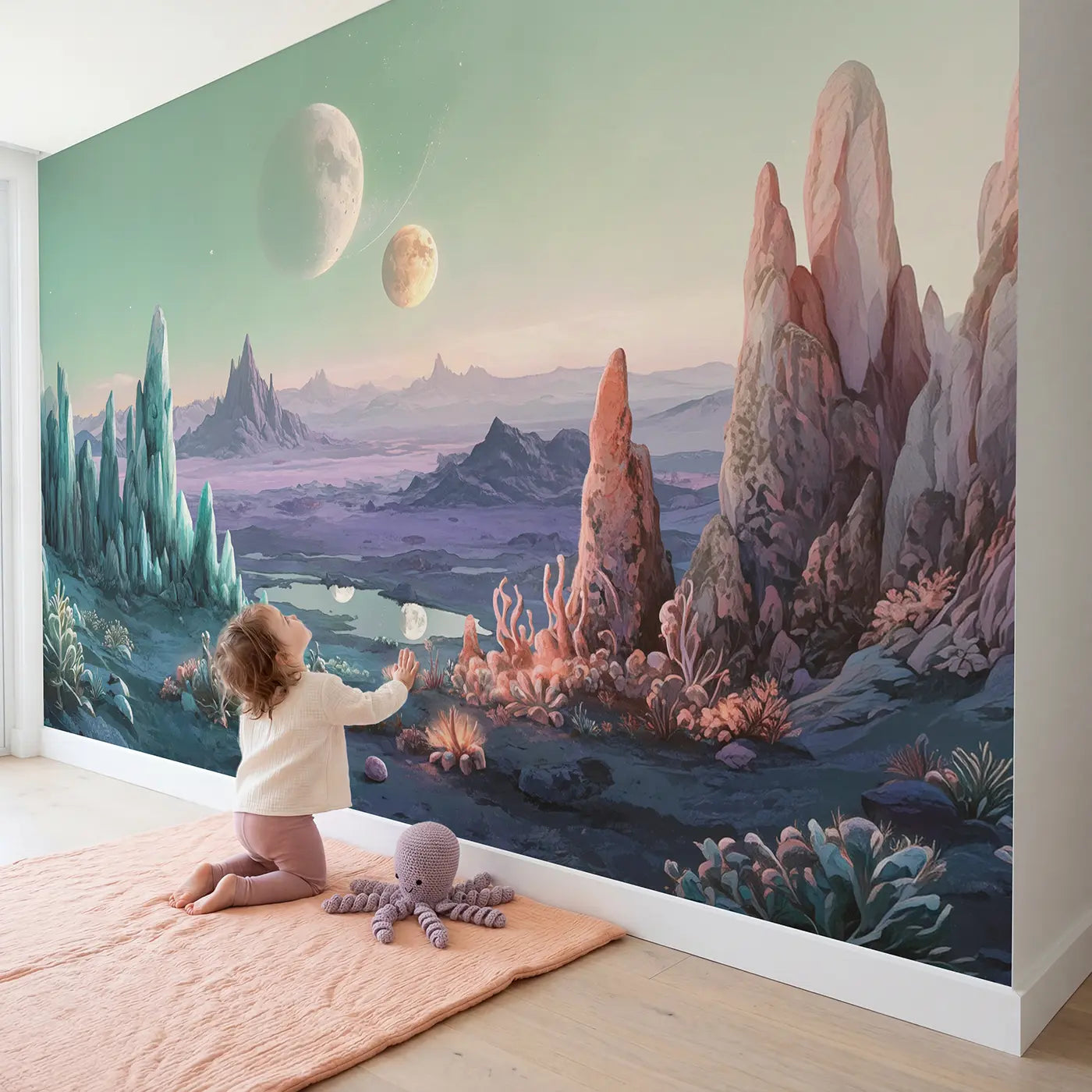 Child in nursery with Alien Planet Twin Moons Wallpaper Mural by Whimsy Tots