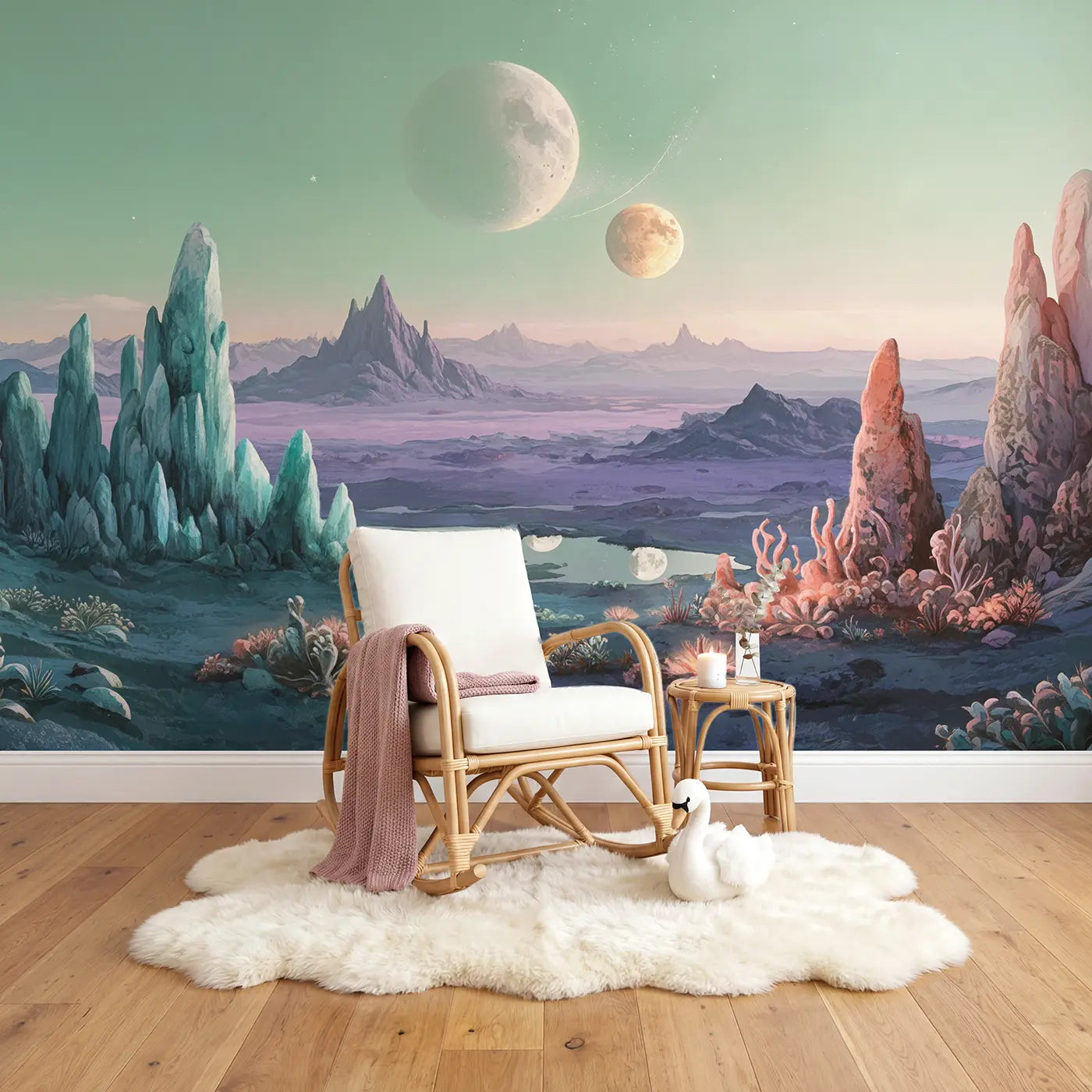 Alien Planet Twin Moons Wallpaper Mural in playroom setting by Whimsy Tots
