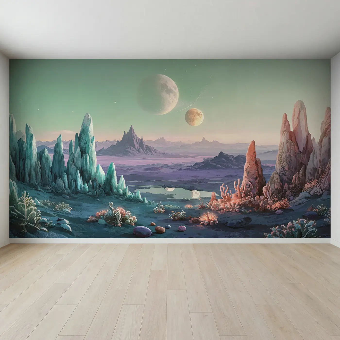 Full view of Alien Planet Twin Moons Wallpaper Mural by Whimsy Tots