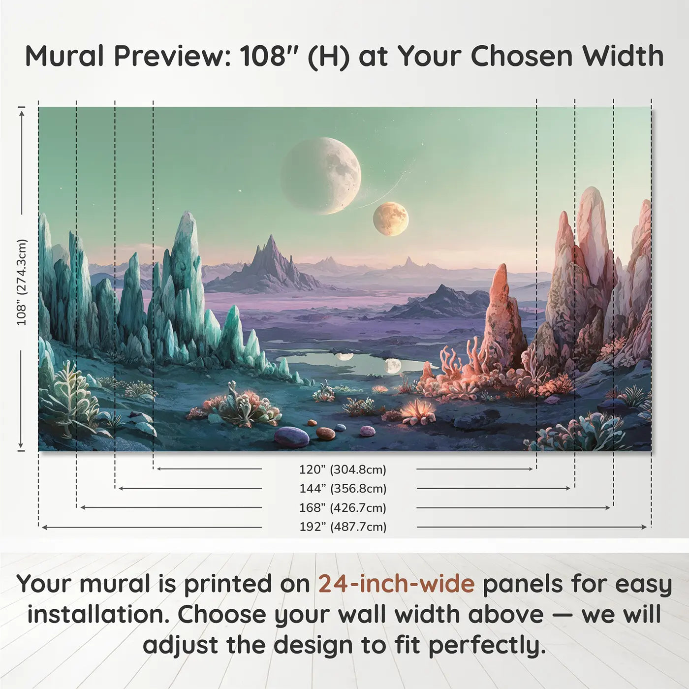 Panel layout and dimensions for Alien Planet Twin Moons Wallpaper Mural by Whimsy Tots